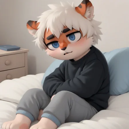 ((milkytiger)), white hair, blue eyes, tiger, furry, black sweater, gray shorts, 1boy, solo, sitting, in bed, shy, blush
