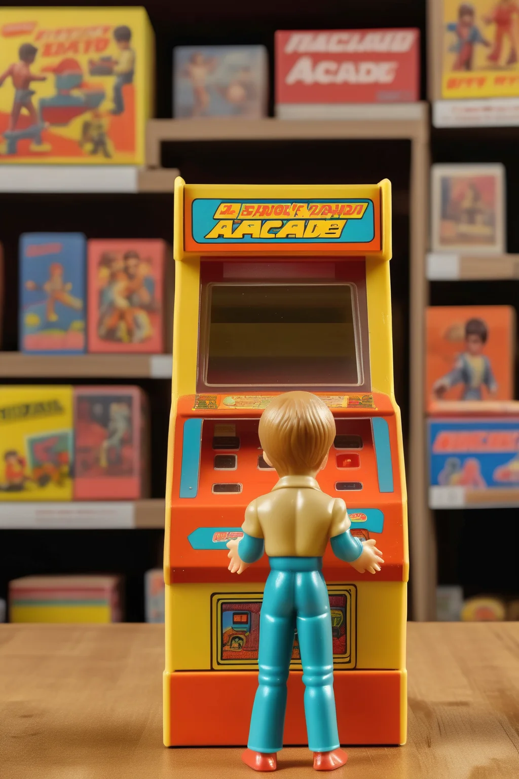<lora:1987 Action Figure Playset Packaging:1>1987 Action Figure Playset Packaging - 1970s colored product photo of a toy boy figurine standing and playing an arcade game in front of packaging