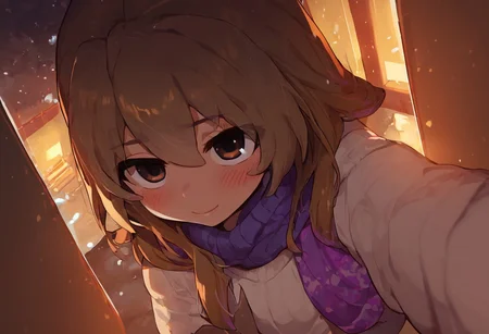 score_9, score_8_up, score_7_up, score_6_up, Aisaka_Taiga, 1girl, perfect face, cute, petite, brown eyes, colored inner hair, glowing hair, long hair, purple glowing scarf, white sweater, winter, snowing, glowing snowflakes, blush, shy smile, shy look, night, dimmed light, snow, from above, fisheye, blizzard, wind, love eyes, path, moonlight, snowdrift, dynamic angle, softlight passing through hair, selfie