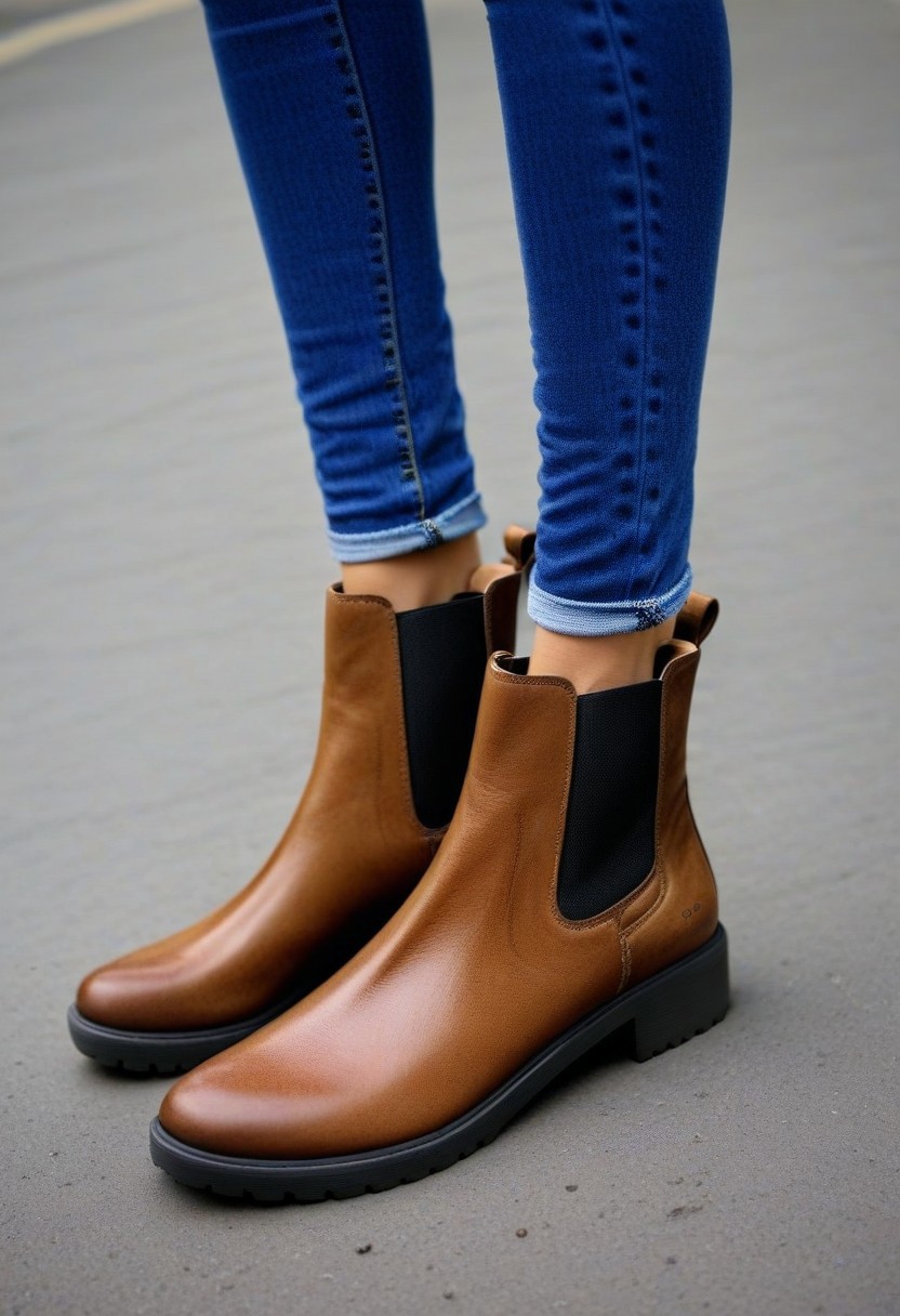 photo, realistic, fashion
BREAK 
1girl, (brown), (chelsea boots), (foot focus), (ankles visible), jeans