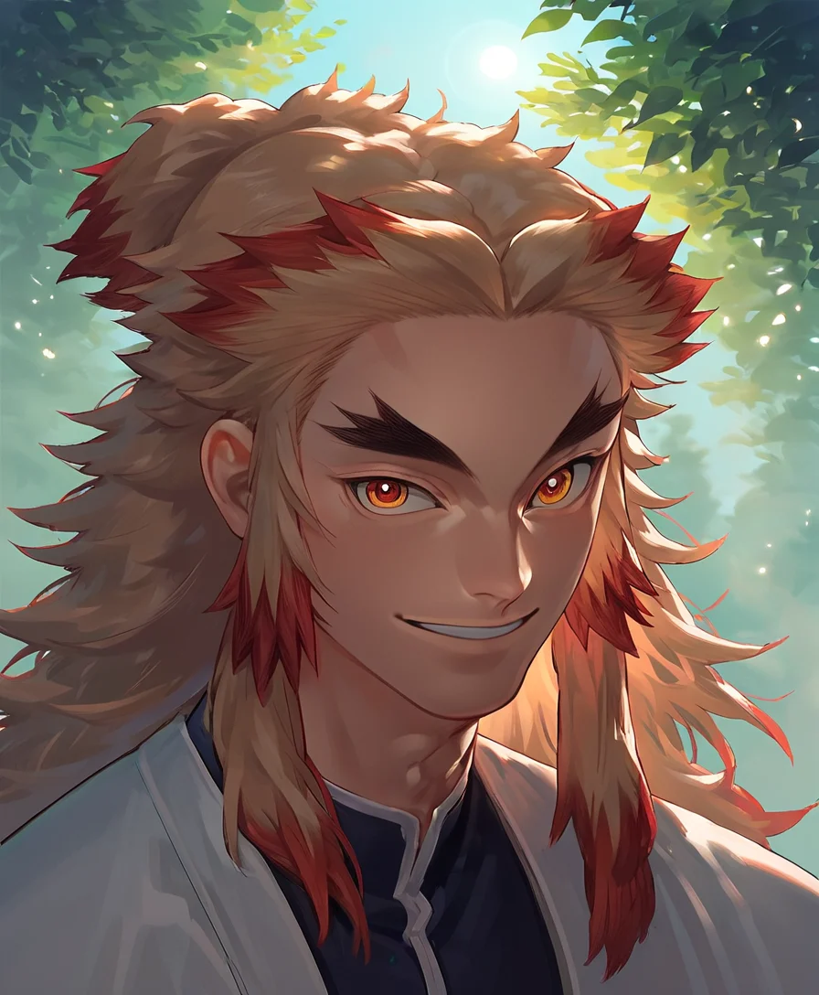 rengoku, male focus, manly, portrait, outside, sunlight, smile, looking at you, score_9, score_8_up, score_7_up, score_6_up, score_5_up, score_4_up, source_anime<lora:rengoku30:1> <lora:smooth:1>