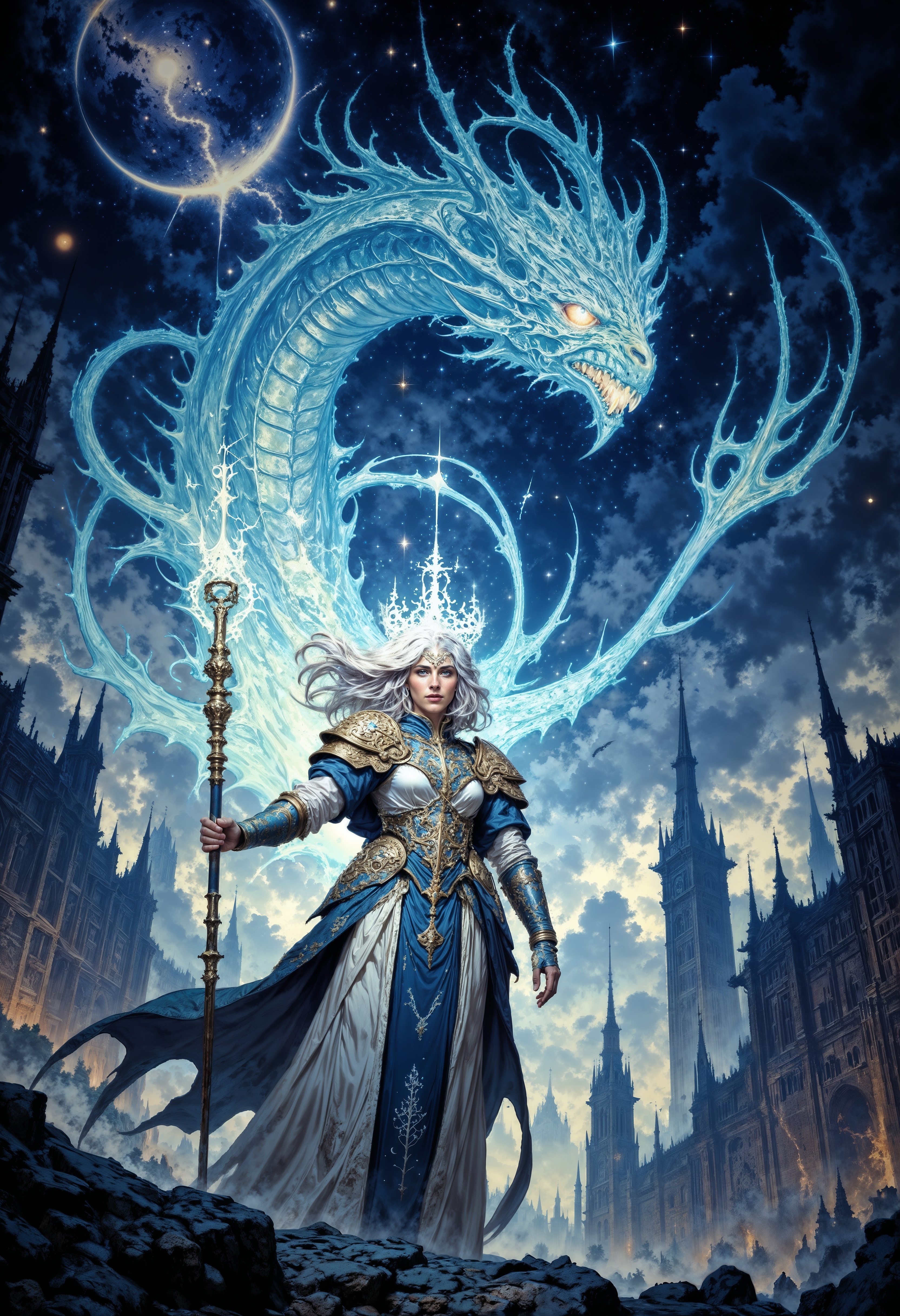 M4gicalL1nes, A highly detailed digital artwork depicting a powerful female warrior with long, flowing silver hair. She stands confidently in the foreground, holding a glowing, ornate staff in her right hand. Her attire is regal and ornate, consisting of a long, flowing white and blue gown with gold accents, and she wears intricately designed golden armor on her shoulders and forearms. Her left hand rests on her hip, exuding strength and authority.
Behind her, a magnificent dragon with a serpentine body and icy blue scales emerges from the darkness. The dragon's head is adorned with a fierce, glowing crown of light, and its eyes burn with an intense, radiant energy. The dragon's wings are outstretched, adding to the dramatic composition of the image.
The background is a night sky filled with swirling clouds and celestial bodies, including stars and a bright, glowing nebula. Below the warrior and dragon, the ruins of a grand, ancient city can be seen, with crumbling spires and towers, adding to the epic fantasy atmosphere. The entire scene is bathed in a mix of cool and warm tones, with a sense of power, magic, and adventure.
 <lora:FluxMythM4gicalL1nes:1>