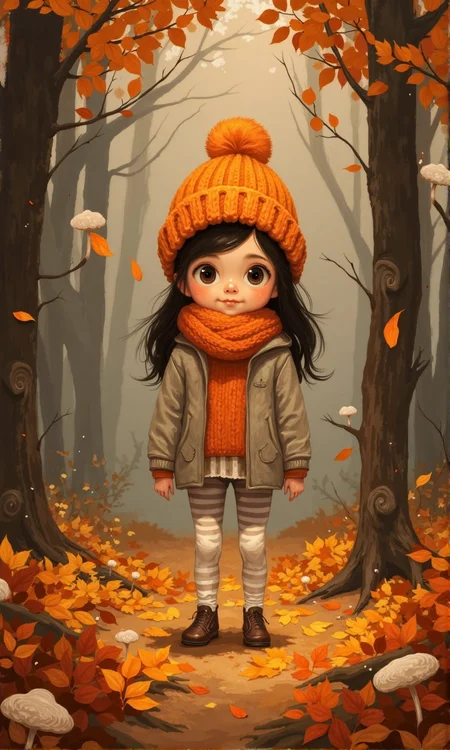 Full shot of a digital illustration of a girl, likely a child, dressed in autumnal attire.Â 
The girl stands centrally in a wooded or forest-like scene, surrounded and partially obscured by fallen autumn leaves.Â 
The girl's attire includes a warm, knit, orange-colored beanie with a pom-pom.  Layered underneath, she wears an orange-toned scarf that is also knit.Â A light gray or beige jacket is visible, and the look of her clothing suggests an autumn/winter style.Â Her pants/leggings are striped in a light cream or beige color, possibly white or light greyish, with darker stripes or pattern. She also appears to be wearing shoes.Â 
The girl's hair is long, dark brown or black, and falls past her shoulders. Her face is presented with large eyes, a small nose, and a pleasant, almost serene expression.
The background features muted tones, suggesting the time of yearâdarker browns and grays around the girl, with lighter grays and browns further away, lending a soft, diffused, atmospheric effect.Â 
Many fallen, various shades of orange, yellow, and brown leaves are scattered around the girl and along the image borders. Some small, stylized textured shapes resembling fungi or other natural elements appear among the leaves.Â 
Muted lighting and soft shadows evoke a serene, calm mood. The overall style of the illustration is stylized and seems to have been digitally created, resembling childlike or illustrative art., <lora:FLUX-daubrez-DB4RZ-v2:0.9> DB4RZ, DB4RZ style painting, <lora:ImpurePores:0.85> xlr_skin,