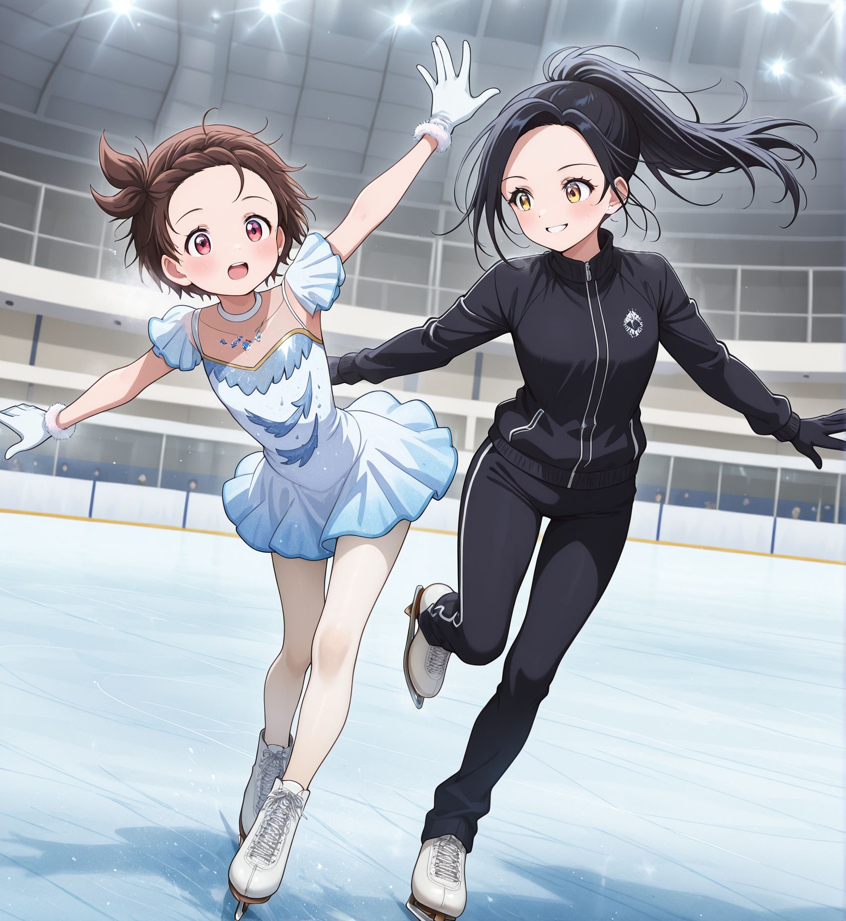 masterpiece,best quality,amazing quality,very aesthetic,absurdres,newest, huge filesize,
<lora:spo_sdxl_10ep_4k-data_lora_webui:0.5>,
<lora:add-detail-xl:1>
2girls,ice skating,
BREAK
2girls,ice skating,
<lora:MedalistV1:1>MedalistV1,
m_inori,
1girl,
dress,  brown hair, 
 pantyhose,
ice skates,
Ice skating rink,
BREAK
2girls,ice skating,
ponytail, 
gloves, 
black hair, 
smile, 
Golden Yellow eyes, 
jacket, 
track jacket, 
track suit, 
long hair,