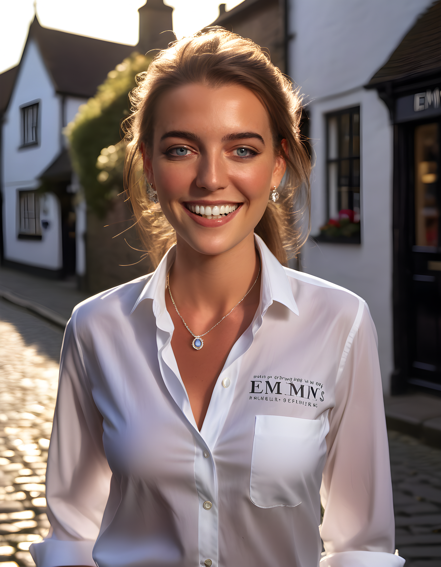 In a vibrant, sunlit cobblestone street of a quaint English village, EMM4S stands alone, her gaze fixed on the camera with a radiant smile revealing sparkling white teeth. Her eyes, a striking shade of grey, sparkle with warmth as she wears a crisp, white shirt adorned with intricate, shimmering jewelry. The text \"EMM4S\" is elegantly inscribed on her shirt, adding an air of professionalism and confidence to her overall appearance, while the sun casts dappled shadows on the cobblestones behind her, creating a captivating backdrop for this captivating portrait.
