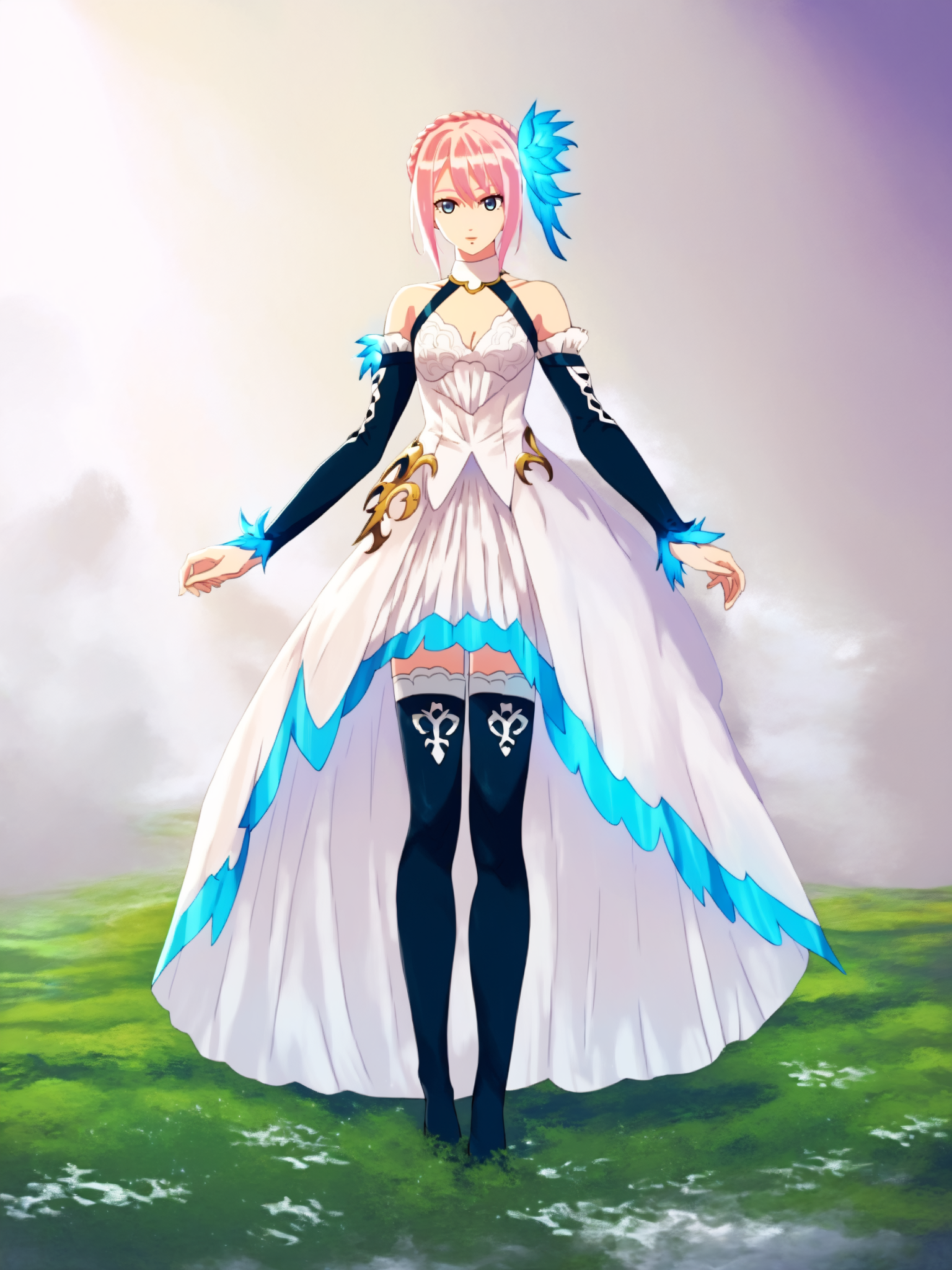 <lora:ShionneV2-09:1> 15 shionne 01b weddingdress, shionne 01b, pale skin, long hair, (blue eyes), wedding dress 1girl, solo, breasts, 1Girl, hair ornament, thighhighs, dress, bare shoulders, full body, pink hair, braid, detached sleeves, black thighhighsscore_9, Score_8_up, Score_7_up, Score_6_up,   <lora:detailed_backgrounds_v2:0.6> scenery, masterpiece,  best quality, very aesthetic .