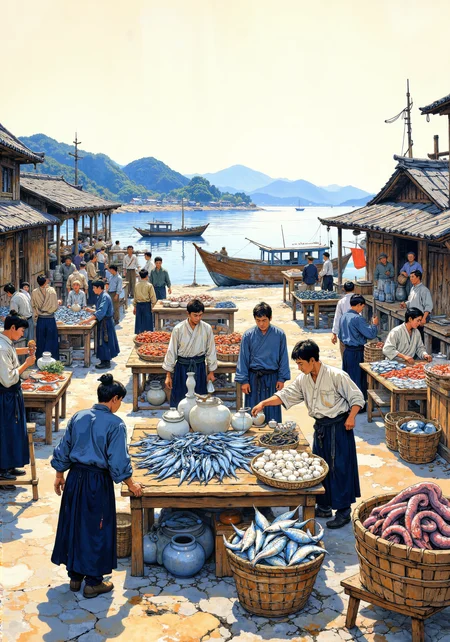 Traditional Korean folk painting (Minhwa) depicting a bustling fish market at dawn, rendered in vibrant dancheong colors on hanji paper. Weathered fishermen and merchants in simple hanbok display freshly caught blue crabs, mackerel, and octopus on wooden tables. Ceramic vessels and woven baskets overflow with sea treasures. Soft morning light creates long shadows across the scene, with distant fishing boats returning to harbor. Mountains rise in the background, partially obscured by coastal mist. The composition balances detailed foreground elements with minimalist negative space in the sky. Rich indigo blues contrast with earthy ochres and vermilion accents following obangsaek color harmony. The painting captures the lively atmosphere and humble dignity of coastal life, embodying the Korean concept of heung (collective joy) in daily work. Masterpiece, authentic cultural scene, meticulous brushwork, traditional ink technique with subtle contemporary influence. <lora:Memadukan_Brush_Strokes_of_Fineart:0.3> <lora:Classic_Anime_Colors:0.1> <lora:RM_Artistify_v1.0M:0.1> <lora:Rainbow_on_black_style-000003:0.6> <lora:flux_dev:1>
