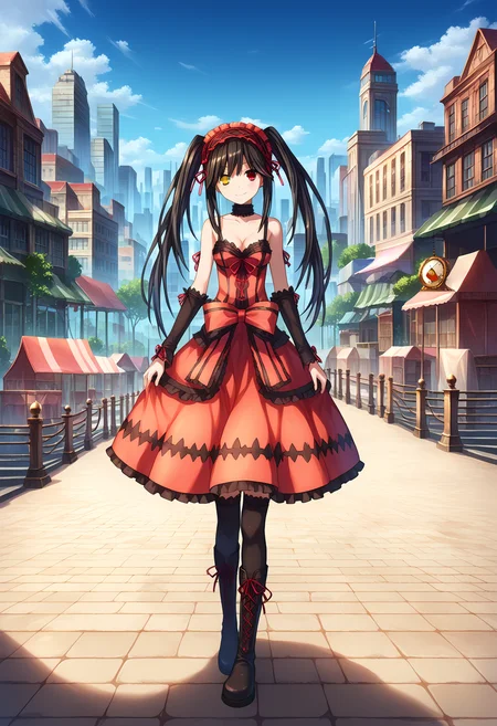 score_9, score_8_up, score_7_up, source_anime,
BREAK
<lora:shiBackgroundV1-000010:1.0>
scenery,
1girl, solo,
<lora:shiKurumiV2:1> kurdef, long hair, black hair, twintails, red eyes, yellow eyes, clock eyes, heterochromia, hairband, bare shoulders, detached sleeves, choker, red dress, cleavage, bow, black thighhighs, lace-up boots,
looking at viewer, happy, smile, head tilt,
outdoors, city, cityscape,
