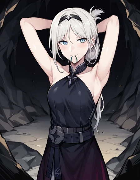 score_9, score_8_up, score_7_up, source_anime, <lora:girlsfrontline-an-94-ponyxl-lora-nochekaiser:1>, an-94, an-94 (girl's frontline), long hair, blue eyes, white hair,, bare shoulders, belt, black dress, black gloves, collarbone, dress, folded ponytail, gradient clothes, gradient dress, hairband, hair ornament, halterneck, halter dress, purple dress, sidelocks, single glove, mature female, small breasts, wristband,, cave, darkness, rocks, underground, stalactites, smile, <lora:hair-tie-in-mouth-ponyxl-lora-nochekaiser:1>, hair tie in mouth, hair tie, mouth hold, rubber band, blush, tying hair, adjusting hair, hands in hair, arms up, arms behind head, ponytail, hand in own hair, hair lift, cowboy shot, looking at viewer, looking at viewer, solo,, dutch angle, cowboy shot