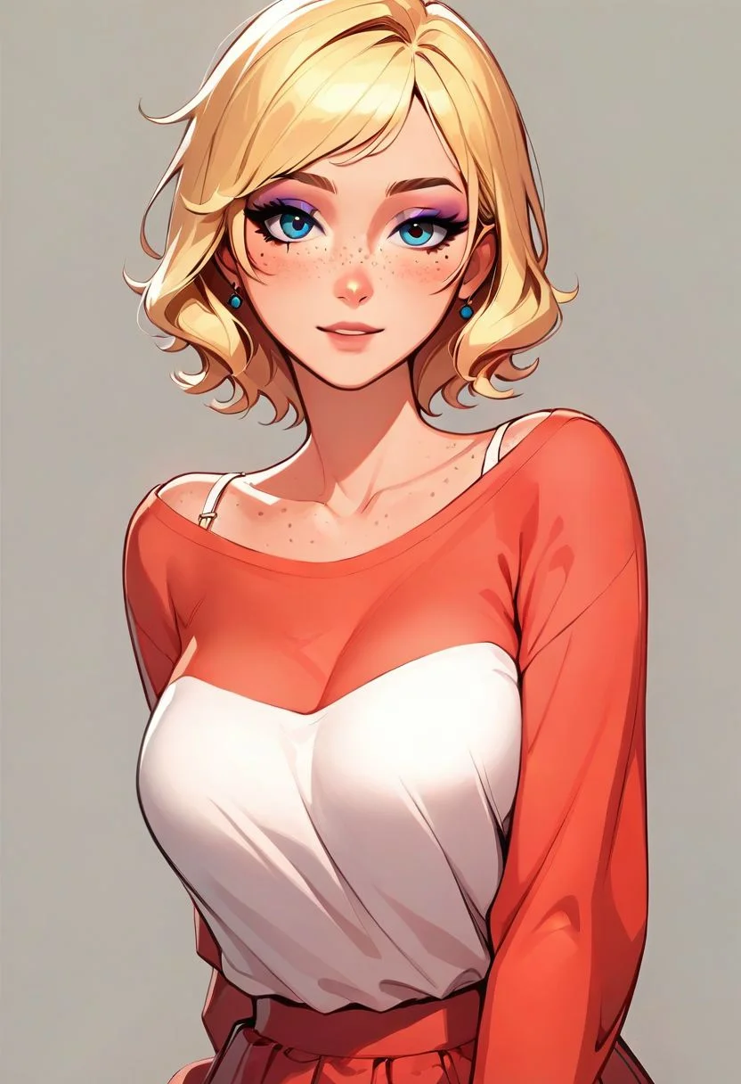 score_9, score_8_up, score_7_up, 1girl, r34 from r34, 18yo, anime, hentai, official art, light skin, blonde hair, makeup, casual outfit, loose top, down blouse shot, looking at viewer, freckles, thin, stockings,
simple background, 
8k detail,