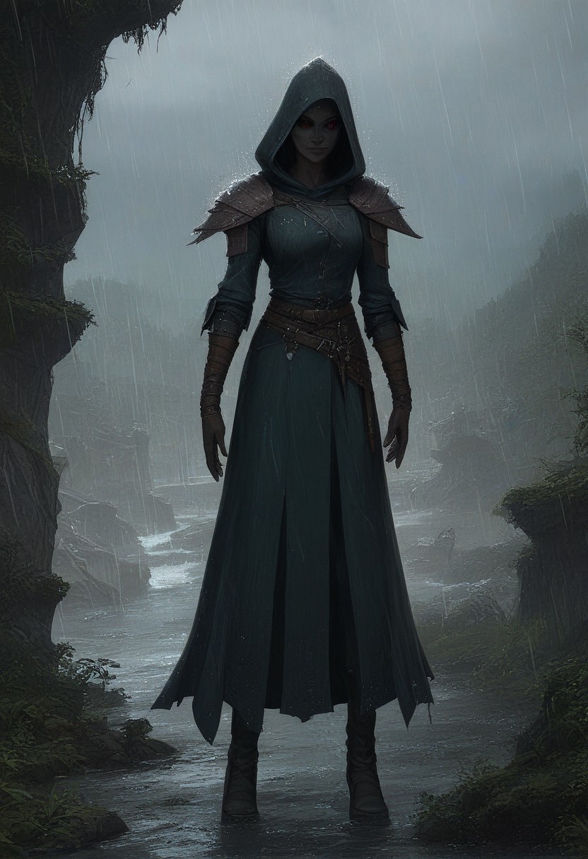score_9, score_8_up, score_7_up, 
1 girl, ((dunmer)), skyrim dark elf, elder scrolls, dunmer wizard wearing robes standing outside in rain in fantasy landscape. 
Full body view. ((dark grey ashen skin)), drow with dark grey skin, dark grey small lips, small nose, (((large dark red eyes, no sclera))), narrow slender face, pronounced cheekbones, feminine, pretty, subtle seductive smile, facial tattoos, (wearing black sorceress robes, wearing wizard robes, battlemage outfit)), 
((outside in rain, raining)), wet, alien plants in background, cliffs in background. 
photo, raw, fantasy, concept art, realistic