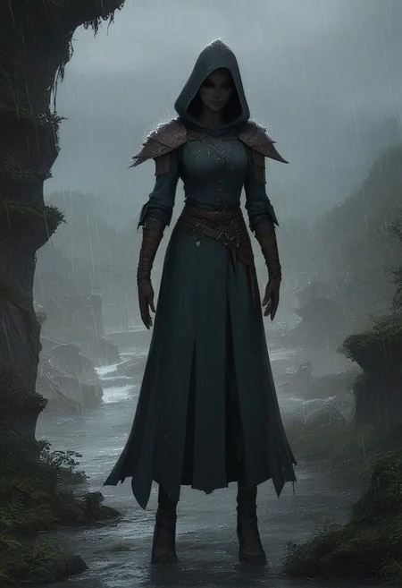 score_9, score_8_up, score_7_up, 
1 girl, ((dunmer)), skyrim dark elf, elder scrolls, dunmer wizard wearing robes standing outside in rain in fantasy landscape. 
Full body view. ((dark grey ashen skin)), drow with dark grey skin, dark grey small lips, small nose, (((large dark red eyes, no sclera))), narrow slender face, pronounced cheekbones, feminine, pretty, subtle seductive smile, facial tattoos, (wearing black sorceress robes, wearing wizard robes, battlemage outfit)), 
((outside in rain, raining)), wet, alien plants in background, cliffs in background. 
photo, raw, fantasy, concept art, realistic