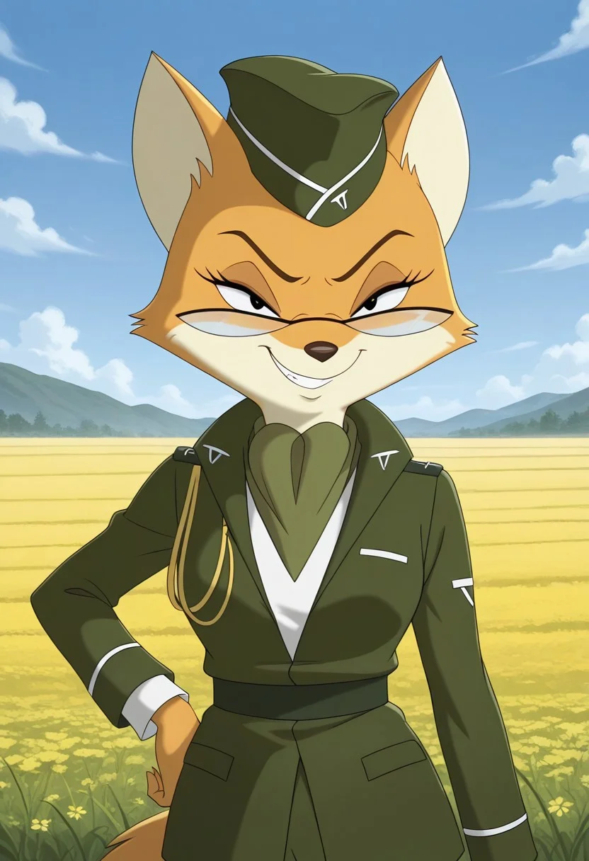 high resolution, absurdres, best quality, 1girl, lt_vixen, anthro, fox, furry, orange fur, tail, dot eyes, green military uniform, military hat, glasses, sky, outside, grasss field, smug, smile, grin, hand on hip,