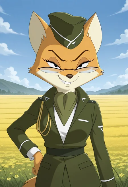 high resolution, absurdres, best quality, 1girl, lt_vixen, anthro, fox, furry, orange fur, tail, dot eyes, green military uniform, military hat, glasses, sky, outside, grasss field, smug, smile, grin, hand on hip,