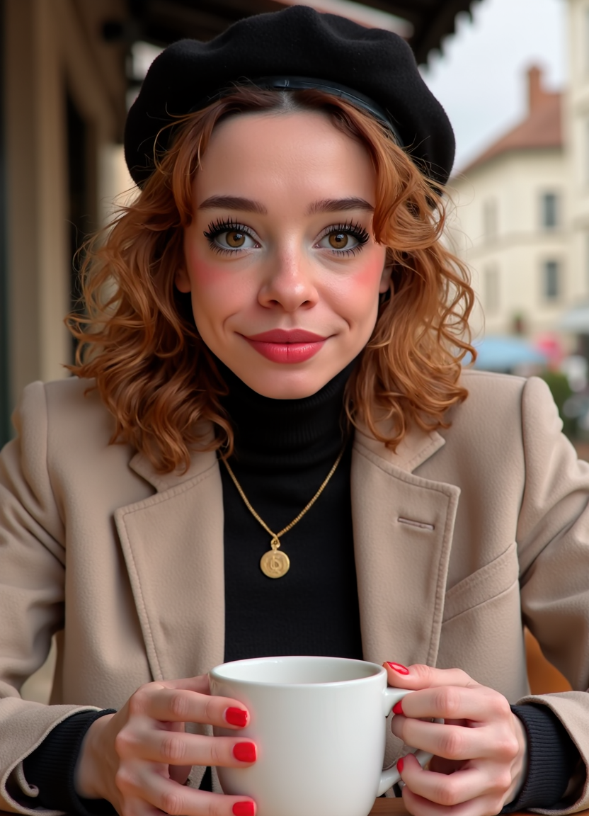 SFW, brightly lit, aidmaimageupgrader, A portrait of a woman seated at a table in an outdoor cafe. She wears a blazer and a black turtleneck sweater, accessorized with a black beret and a gold necklace with a pendant. She holds a white mug in her hands. Her nails are painted a vibrant red. The background is blurred, highlighting the woman as the main subject. The warm color palette is dominated by reds, blacks, and golds, creating a cozy and inviting atmosphere., looking at viewer, eyelashes, fine hair detail, entire hairstyle visible, perfect eyes with iris pattern, sensual lips, nose, (perfectly sharp:1.3), realistic textures, (deep focus:1.5), 8k uhd, dslr, ultra high quality image, film grain, Fujifilm XT3<lora:pony\Letha_Weapons_Pony_-_Adult_Actress_and_Model.safetensors:1.0:1.0> <lora:flux\custom\personal\emmy-speens.safetensors:1.0:1.0> <lora:turbo-8-step-flux.safetensors:0.5:0.5> <lora:flux\style\Common\aidmaImageUprader-FLUX-v0.3.safetensors:0.25:0.25>