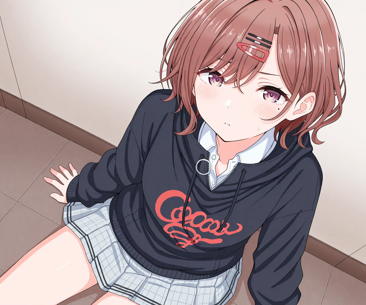 masterpiece, best quality, amazing quality, sfw, 1girl, solo, looking at viewer, <lora:Makabe Gorou style ILL-v2:1> makabegorou , higuchi madoka, brown hair, short hair, wavy hair, hair ornament, hairclip, purple eyes, (mole under eye:0.8), white shirt, collared shirt, hood, sweater, cardigan, black sweater, long sleeves, plaid skirt, skirt, grey skirt, pleated skirt ,
