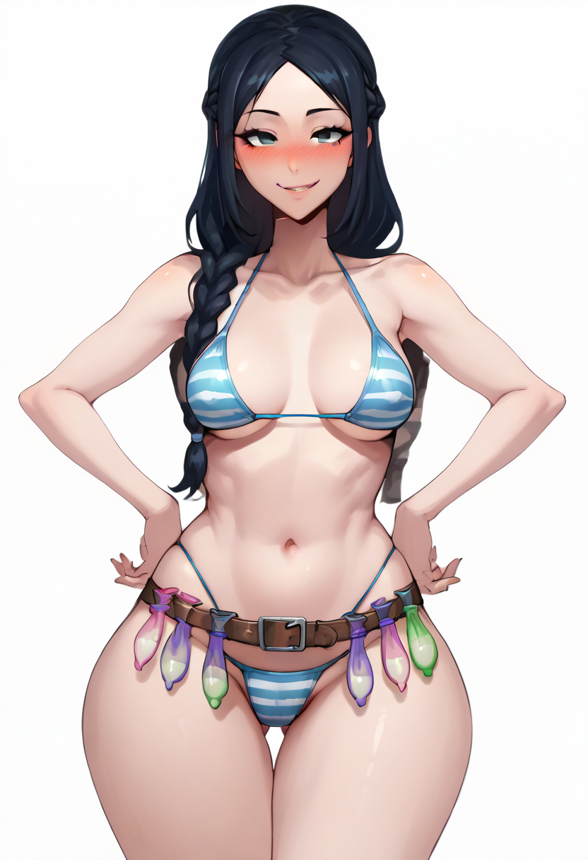 score_9, score_8_up, score_7_up, score_6_up, score_5_up, score_4_up,
1 girl,  view from front,
standing, hands on own hips,
looking at the viewer, smile, blush,
braid, long hair, black hair,
medium breasts, narrow waists, wide hips,
striped bikini, string bikini,
condom belt,
white background, simple background,
<lora:Concept_XL_Pony_Condom_Belt:1>  <lora:asa:1>
