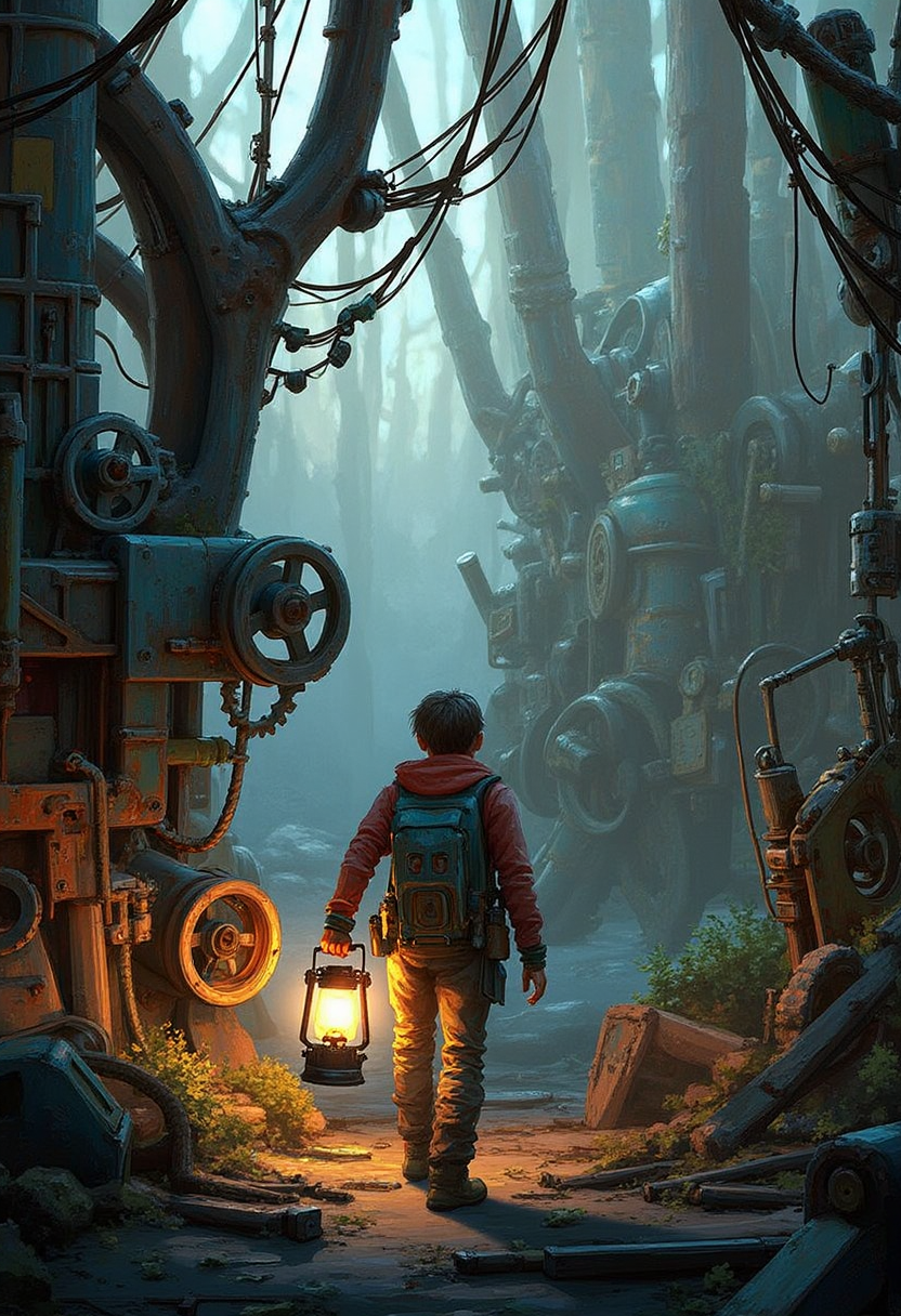 YFG-Hamrater A young explorer with a high-tech lantern walking through an ancient mechanical forest, where the trees are made of gears and wires. The warm light from the lantern contrasts with the cool, metallic surroundings in Hamrish Frater's signature style.