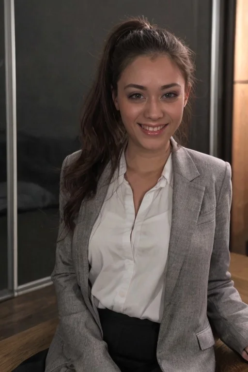 30yo American woman wearing bussiness suit holding a cigarrete
Dark black smooth long hair ponytail. smiling.
Looking at camera.
Dynamic varying pose.
Outside bussiness. Night time,
Night time, dark.