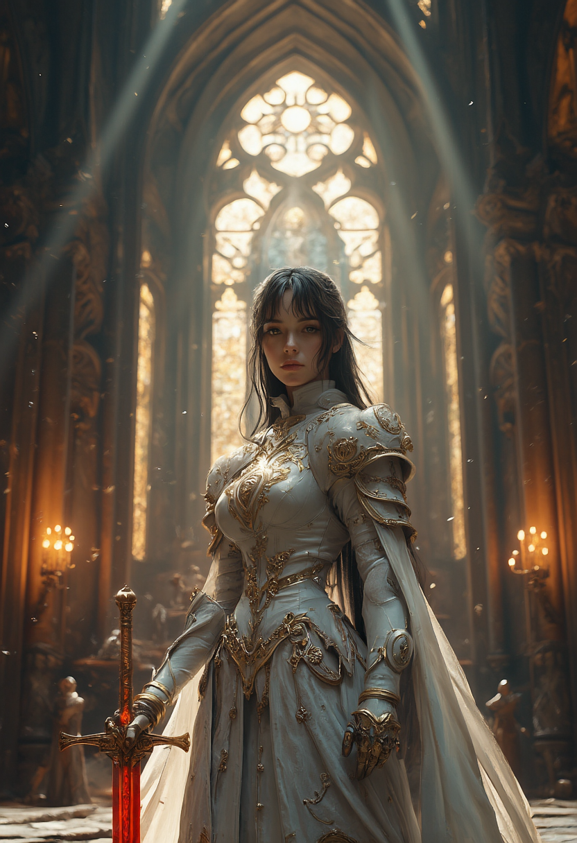 A best quality, masterpiece, HDR photorealistic image featuring a female oriental knight standing in the center of a grand gothic cathedral. She is clad in full armor, white with intricate gold embellishments that shimmer under the shafts of light streaming through the tall stained-glass windows. Her long black hair falls gracefully with bangs framing her face, and she wears delicate earrings that catch the light. She holds a legendary sword by the hilt, the blade glowing an ominous red, casting a faint glow on her armor. The knightâs expression is resolute, with her stance powerful and commanding in the dimly lit cathedral. The dark fantasy atmosphere is emphasized by the towering arches and ancient stonework of the cathedral, where the interplay of shadow and light creates a perfect composition. The image is captured in a cowboy shot, showcasing the knight from the waist up, highlighting both her armor's intricate details and the imposing presence of the glowing sword. The overall scene feels cinematic, as if pulled from a dark fantasy movie, combining dramatic lighting and meticulous high-definition detail for an awe-inspiring effect,hkstyle.