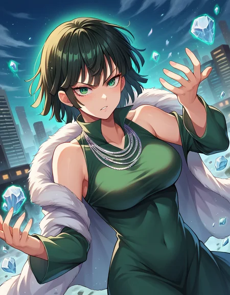 score_9, score_8_up, score_7_up, source_anime,
fubuki, <lora:opm-fubuki-ponyxl-lora-nochekaiser:1>,
fubuki, black hair, green eyes, short hair,
black dress, dress, fur coat, high collar, jewelry, necklace, off shoulder, taut clothes, taut dress,
outdoors, cityscape, magic, fighting stance, ice, ice magic,
looking at viewer, dutch angle, cowboy shot,