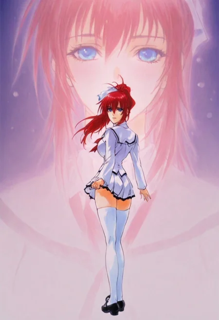 safe_pos, traditional media,watercolor (medium), masterpiece, extremely detailed background, clear sharp focus,
dynamique pose, full body shot, atmospheric perspective, vanishing point, ass focus,
shiratori, red hair, blue eyes, large breasts, ponytail, long hair, white thighhighs, ribbon, skirt, school uniform, mary janes, shoes, zettai ryouiki,
looking at viewer, gentle smile, cute face, embarassed, loving look in the eyes,
standing up and taking a sexy pose,
(projected inset),
a classroom at dusk, sunrays, bokeh, deep fog, vivid colors, glowing white light, backlight,