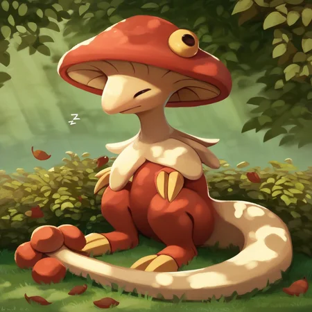 score_7_up, score_8_up, breloom,, shiny pokemon, red body, mushroom head, two claws, tail, full body, sitting sleeping, zzz, outdoors, cute style, flowing leaves, windy, detailed background, dappled shadows,