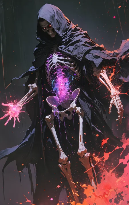 lyh_niji, A skeletal necromancer, draped in a tattered dark veil, disintegrates into colorful dust mid-spell. His transparent torso and visible internal skeleton structure has fluorescent fluid flows through his artificial blood vessels. His dynamic pose suggests a final, desperate act of dark magic. Empty eye sockets glow with malevolent energy. The scene is bathed in eerie, otherworldly light, with deep shadows enhancing the sense of mystery and dread. The color palette is dark and desaturated, with the living coral palette dust providing a stark contrast. A low camera angle emphasizes the necromancer's power, even in death. Subtle particle effects highlight the swirling magical energy. The overall atmosphere is one of decay, desperation, and the lingering echoes of powerful magic. Dark fantasy aesthetic, by Frank Frazetta and Anato Finnstark style