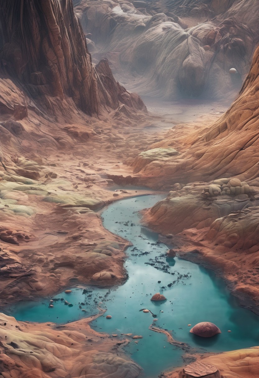 cinematic photography 
elaborate cartography of an alien planet with cutout views geological and topographical detailed annotations