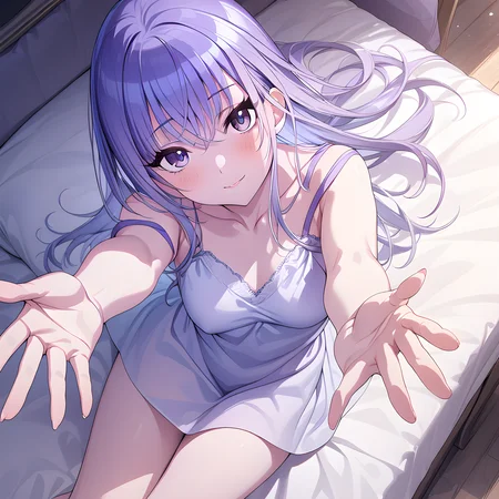 (masterpiece),(best quality),(ultra-detailed),(best illustration),(best shadow),(absurdres),(detailed background),(very aesthetic), 1girl, solo, hana suzuki, long hair, purple eyes, purple hair, night gown, seductive smile, sitting on bed, looking at viewer, blush, outstretched arms, five finger, hug, lying on bed, from above<lora:Hana_Suzukié´æ¨ç¾½é£_-_ã¢ã¤ãã«ãã¹ã¿ã¼_ã·ã£ã¤ãã¼ã«ã©ã¼ãº_SDXL_Animagine_XL_3.1:1>