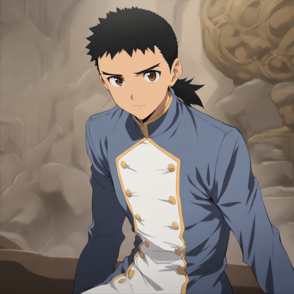 solo,looking at viewer,masterpiece,high score,great score,absurdres,<lora:Kenshi_Masaki ag4o v1:1> 1boy, kenshi_masaki, black hair, ponytail, brown eyes,blue long sleeves,white front with buttons,