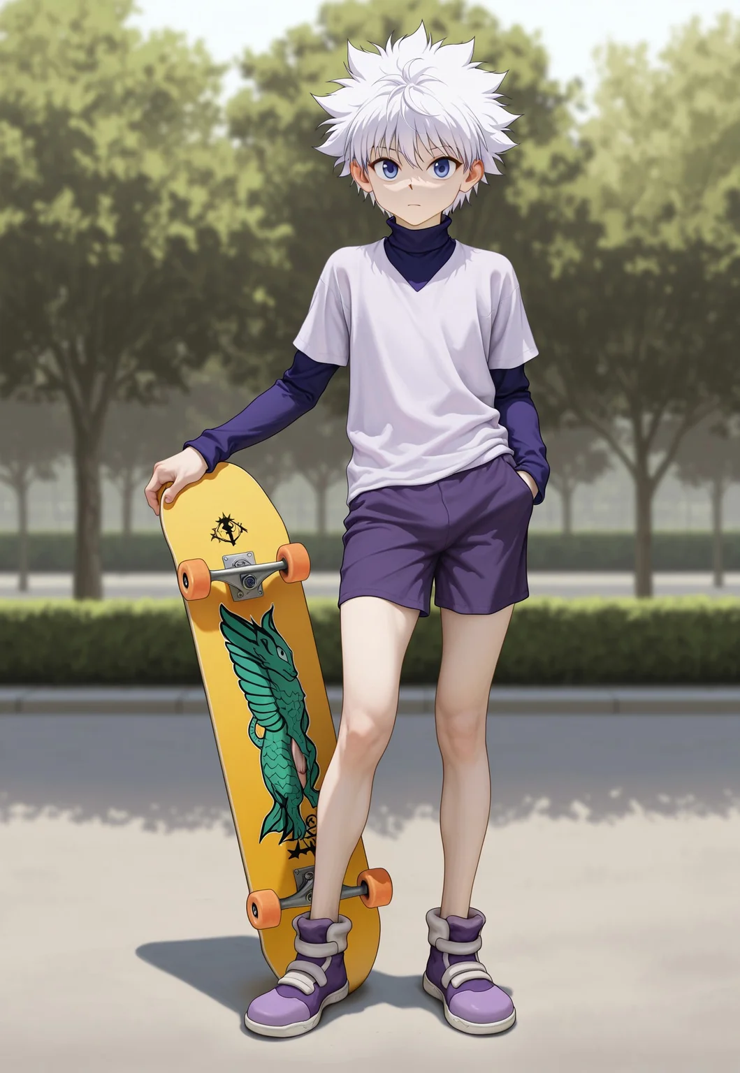 safe_pos, masterpiece, extremely detailed, best quality, amazing quality, very aesthetic, high resolution, ultra-detailed, absurdres, highres, newest, scenery, volumetric lighting, 1boy, solo, male focus, beitemian, betm, BREAK killua_zoldyck, white hair, blue eyes, hunter x hunter, shirt, turtleneck, layered clothes, shorts, shoes, skateboard, park, full body, looking at viewer, slim, hand_in_pocket, holding_skateboard, purple footwear,