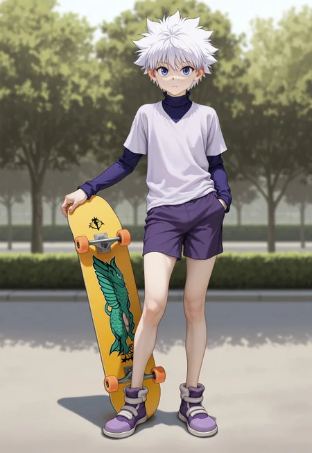 safe_pos, masterpiece, extremely detailed, best quality, amazing quality, very aesthetic, high resolution, ultra-detailed, absurdres, highres, newest, scenery, volumetric lighting, 1boy, solo, male focus, beitemian, betm, BREAK killua_zoldyck, white hair, blue eyes, hunter x hunter, shirt, turtleneck, layered clothes, shorts, shoes, skateboard, park, full body, looking at viewer, slim, hand_in_pocket, holding_skateboard, purple footwear,
