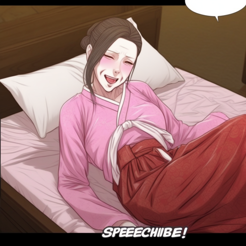 1girl, solo , smile, dougi, kimono, milf, gilf, pale skinned woman, skirt, pink hanbok, orgasm, lying, bed, blush, black hair 