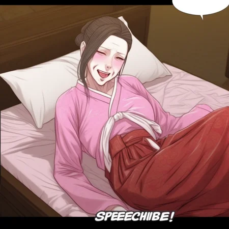 1girl, solo , smile, dougi, kimono, milf, gilf, pale skinned woman, skirt, pink hanbok, orgasm, lying, bed, blush, black hair