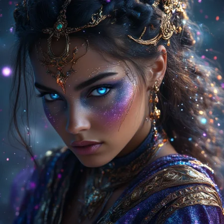 Gorgeous Galactic, A hyper-realistic portrait of a galactic female with glowing skin that shimmers with the colors of the cosmos, adorned with intricate golden ornaments and celestial jewelry. Her body is marked with luminescent runes that pulse faintly, creating a mystical aura. She wears a flowing, iridescent robe made of stardust-like fabric, and her hair cascades like a nebula, swirling with vibrant colors. The background features distant galaxies and stars, with soft beams of light illuminating her divine form. The image is framed with a cinematic close-up to capture the intricate details of her ornaments and glowing runes.