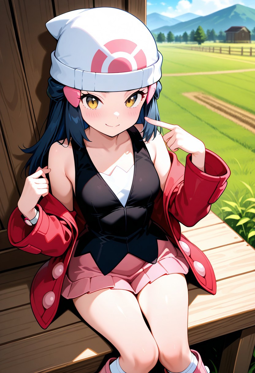 1girl,dawn_(Pokemon),solo,farm,soft smile,pointing at self,(black sleeveless dress),black long hair,pink hairclip,white beanie,pink buttons on coat,coat partially removed,red Peacoat,white kneehighs,
pink boots,pink miniskirt,(tsurime:1.2),cream yellow eyes,perfection style,masterpiece,best quality,amazing quality