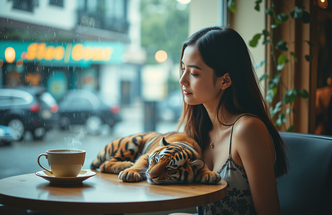 A young woman sits at a cafe with a sleeping baby tiger on the table beside a steaming cup of coffee. Outside, large raindrops fall on the window.