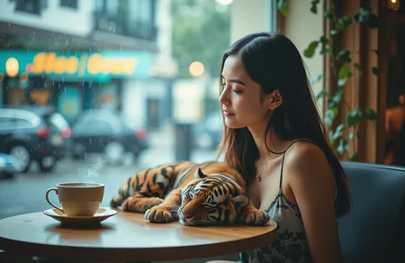 A young woman sits at a cafe with a sleeping baby tiger on the table beside a steaming cup of coffee. Outside, large raindrops fall on the window.