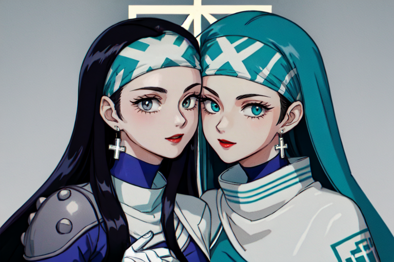 highly insanely detailed, masterpiece, top quality, best quality, highres, 4k, 8k, RAW photo, (very aesthetic, beautiful and aesthetic),  
beth_\(megami_tensei\),bethsmtii,shin megami tensei ii,long hair,black hair,straight hair,sleek black,jewelry,cross,headband,red_lipstick,bandana_with_messian_symbol,Religious_bandana,symbol_headband,messian_church_bandana,messian_cross_earrings,cross_earrings,religious_earrings,messian_symbol_jewelry,white cape,cape_with_messian_symbol,Religious_cape,messian_symbol_cape,holy_knight_cape, 
<lora:zs_Beth:0.8>, 
(1girl:1.3), 1other, 
teal background,âââ