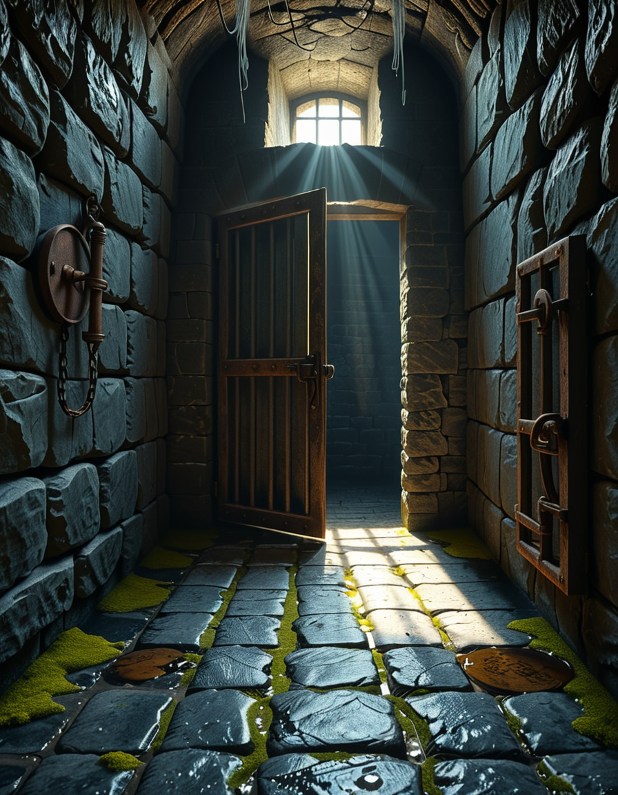 A highly detailed, hyper-realistic photograph of a dark medieval dungeon prison cell. The scene is dimly lit by a single flickering torch mounted on a damp stone wall, casting eerie shadows across the rough, moss-covered stones. Heavy, rusted iron bars form the cell door, slightly ajar, with visible corrosion and ancient padlocks. Inside the cell, there is a straw-covered floor, old wooden buckets, and a crude, splintered wooden bench against the back wall. Chains and manacles hang loosely from the walls, showing signs of long-term use. The atmosphere is cold, humid, and oppressive, with faint light rays piercing through tiny cracks in the stone ceiling. Cobwebs stretch across the corners of the cell, and faint water drips from above, creating small puddles. The overall mood is grim, desolate, and foreboding. Photorealistic style, with high dynamic range (HDR) lighting and extreme attention to textures like rust, moisture, and decay.
<lora:SDXLFaeTastic2400:0.4> <lora:extremely_detailed:0.4> extremely detailed,<lora:medieval_dungeon_pr1s0n_c3ll:1>,medieval dungeon pr1s0n c3ll, Masterpiece,best quality,hi res,8k,hi res,8k,award winning,(sharp focus, intricate, highly detailed),