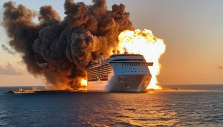 A Caribbean cruise ship from the top deck at sunset , explosion artstyle. <lora:Explosion Artstyle - Trigger is Explosion Artstyle:1>