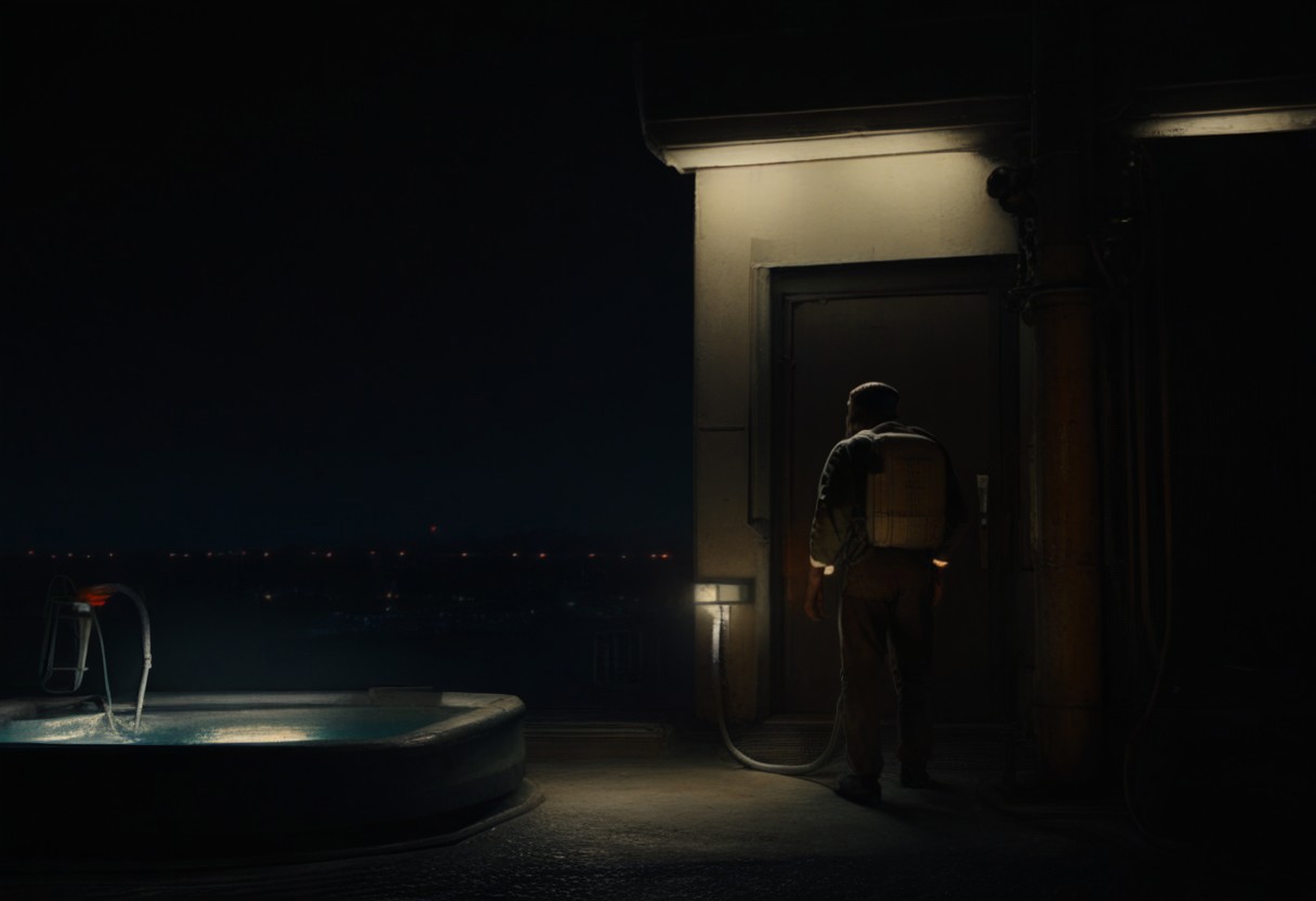 score_9, score_8_up, score_7_up, score_6_up, score_5_up, score_4_up, a fireman is standing on the deck of a boat at night with a hose attached to his back, solo, 1boy, standing, male focus, bag, from behind, backpack, helmet, cable, industrial pipe, Industrial_Futurism,