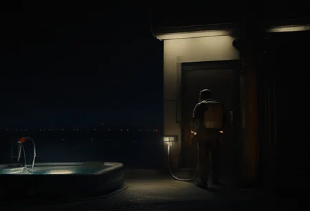 score_9, score_8_up, score_7_up, score_6_up, score_5_up, score_4_up, a fireman is standing on the deck of a boat at night with a hose attached to his back, solo, 1boy, standing, male focus, bag, from behind, backpack, helmet, cable, industrial pipe, Industrial_Futurism,