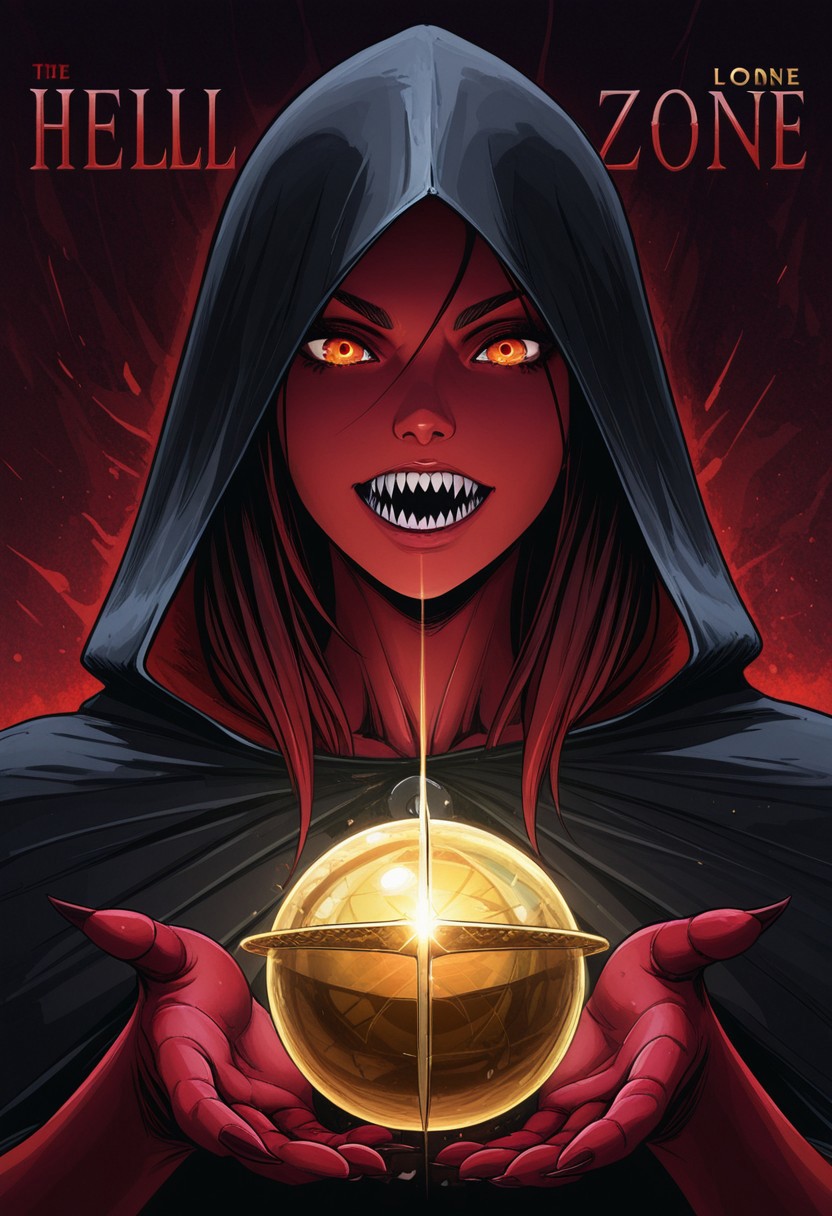 MASTERPIECE, AMAZING QUALITY, PORTRAIT, 1GIRL, DEMON, RED SKIN, SHARP TEETH, BLACK CLOAK, H3LLZ, COVER ART, HOLDING GOLD SPHERE, SHINE, GLOWING, TITLE, "HELLZONE"