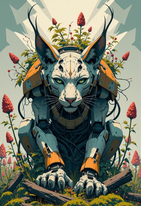 A meticulously detailed photo of a synthetic gigantic mechanical lynx, surrounded by evocative yarrow, an ancient mechanical guardian, dilapidated and abandoned, broken down and derelict, reclaimed by nature, with twisted vines and moss creeping through it. An abstract geometric gradient dapples the background. Legenddarkfantasy mode, anime, dreamy atmosphere, with a perfectly centered composition. Pastel colors and a vintage aesthetic create a charming miniature look. The geometric framing and deadpan style emphasize the symmetry, captured with a 40mm lens. <lora:FLUX_fantasy_Styler_2_64:0.8>