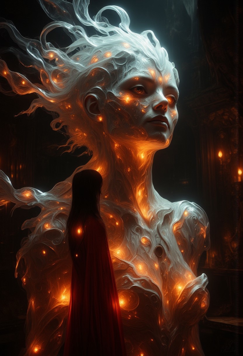 An ethereal, glowing, ghostly, otherworldly presence of a woman like creature, with glowing silver strands of metallic hair, softly glowing in a dimly lit room. She has no skin, she is made up of ethereal tendrils of smoke, glowing plasma, light and mist that undulating and shifts, as if she exists between worlds, with soft, shimmering edges blending into the shadows. Her eyes are deep and luminous orbs, filled with warmth and mystery, as she gazes directly at you, her lips curved in something resembling a gentle, knowing smile. She is wrapped in a glowing, linen shroud. The room is bathed in a soft, mystical glow, with faint, swirling patterns of ethereal light surrounding her, adding to her supernatural allure. Floating through space. There is also a small woman in the room, with dark hair and dressed in a flowing red robe, looking up at the larger than life ethereal creature and basking in her glow.