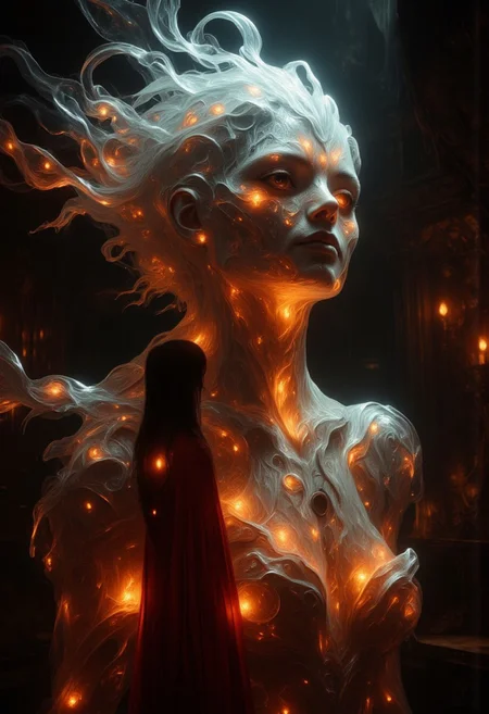 An ethereal, glowing, ghostly, otherworldly presence of a woman like creature, with glowing silver strands of metallic hair, softly glowing in a dimly lit room. She has no skin, she is made up of ethereal tendrils of smoke, glowing plasma, light and mist that undulating and shifts, as if she exists between worlds, with soft, shimmering edges blending into the shadows. Her eyes are deep and luminous orbs, filled with warmth and mystery, as she gazes directly at you, her lips curved in something resembling a gentle, knowing smile. She is wrapped in a glowing, linen shroud. The room is bathed in a soft, mystical glow, with faint, swirling patterns of ethereal light surrounding her, adding to her supernatural allure. Floating through space. There is also a small woman in the room, with dark hair and dressed in a flowing red robe, looking up at the larger than life ethereal creature and basking in her glow.