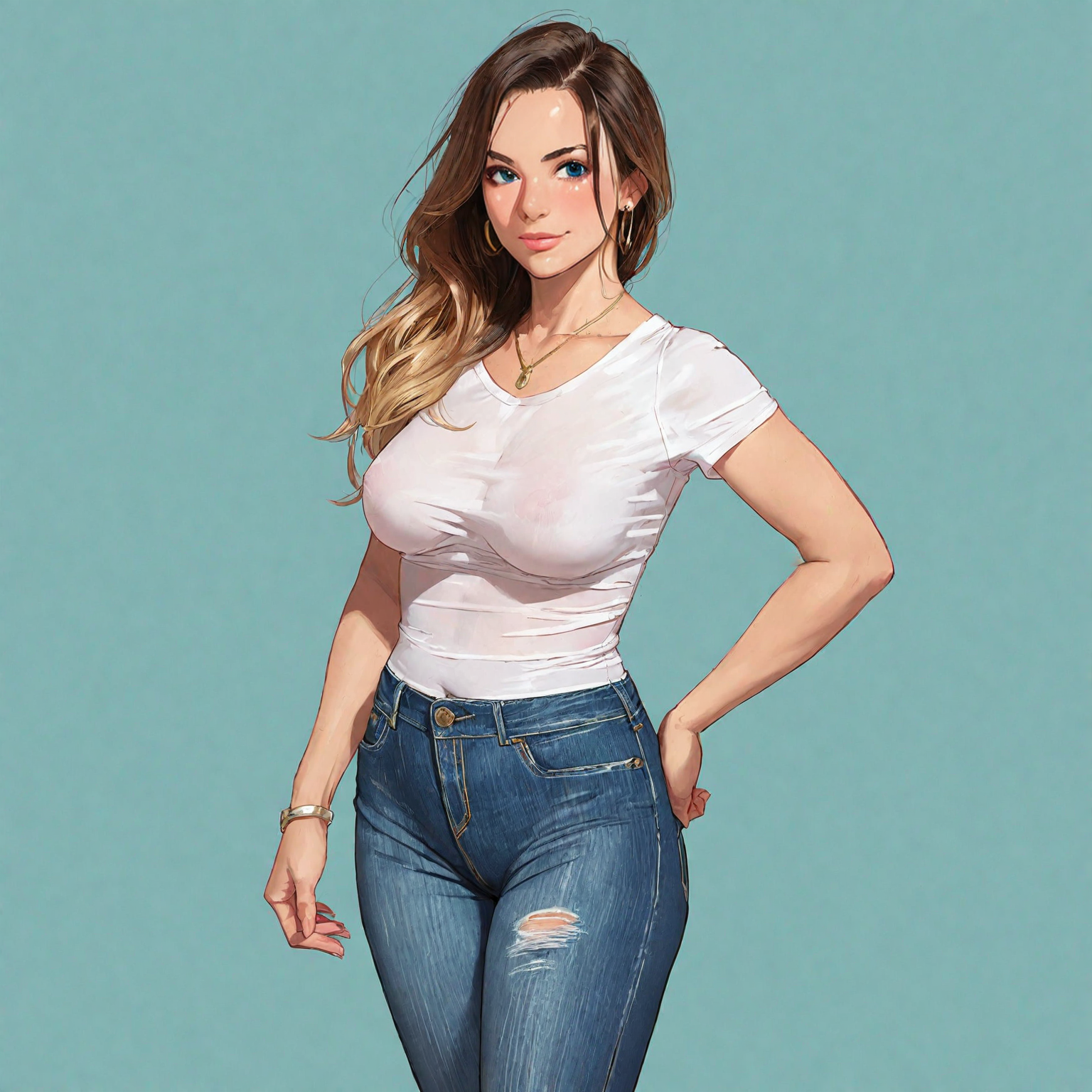 a woman, jeans, shirt,  <lora:MauraRanettXL:0.4>