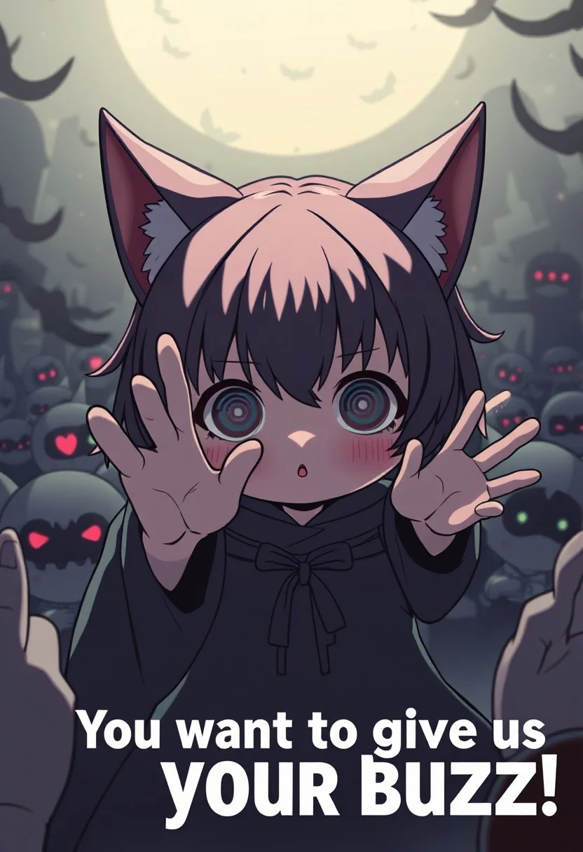 kawaii anime art style, cultist girl hypnotizes the viewer, cult, crowd, occult, darkness, chibi, cat ears, neko, spiral eyes, large text "You want to give us your buzz"